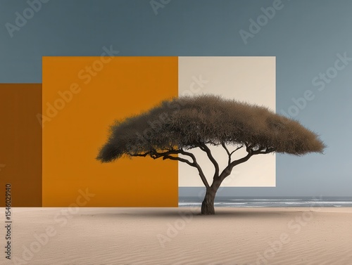 Isolated tree in a minimalist desert landscape contrasted with geometric colorful shapes representing modern art and nature integration inspired by contemporary design aesthetics