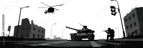 Silhouette of Urban Warfare Scene, Military Operation, Tank and Helicopter, Combat Zone, Tactical Deployment