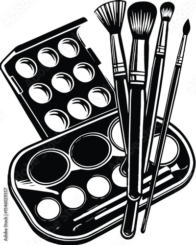 A vibrant set of artistic brushes and a colorful palette for painting, drawing, and creative crafts
