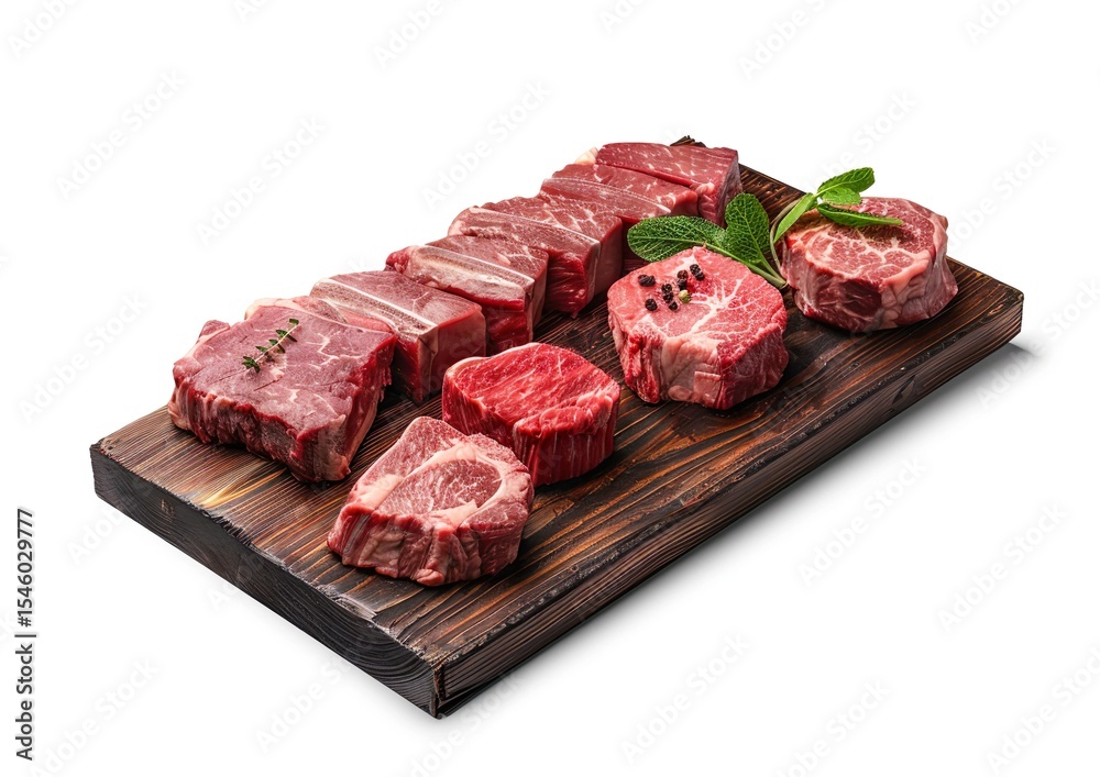 Fototapeta premium variety of raw black angus prime meat steaks machete, blade on bone, striploin, rib eye, tenderloin fillet mignon on woonen board 