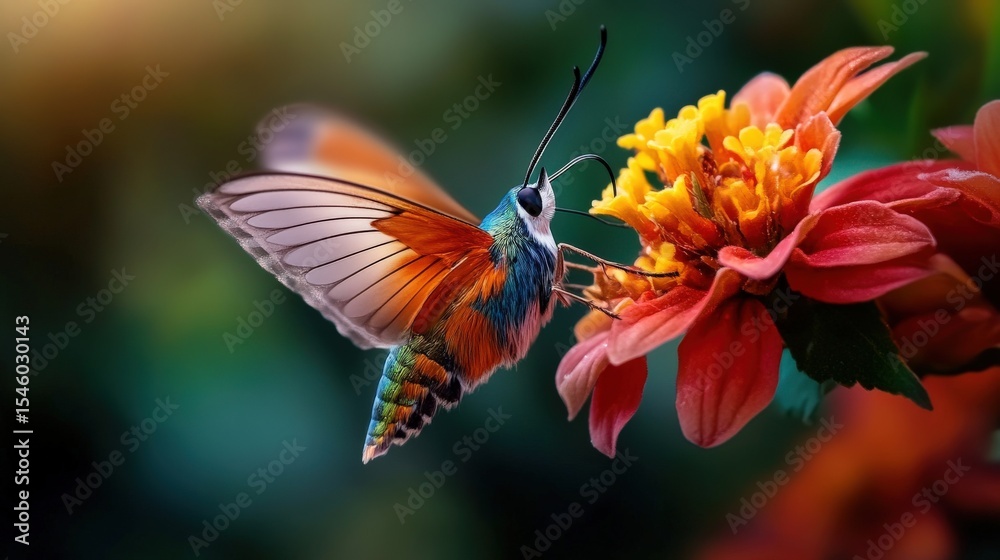 Fototapeta premium A hummingbird moth hovering near a flower, its wings moving in rapid blurs