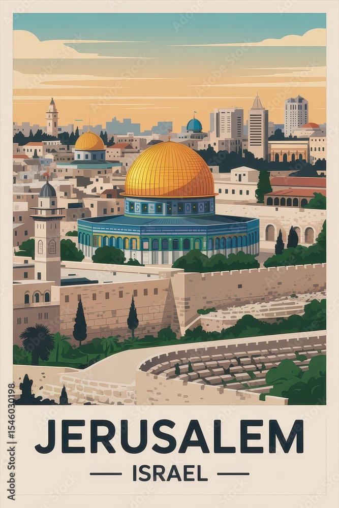 Obraz premium Vintage Travel Poster of Dome of the Rock and Old City Walls, Jerusalem, Israel