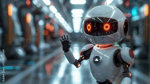 Wallpaper Mural Friendly robot waving hello in futuristic factory. This small, white robot with orange eyes greets visitors in a modern industrial setting.  Image perfect for tech company website, Torontodigital.ca