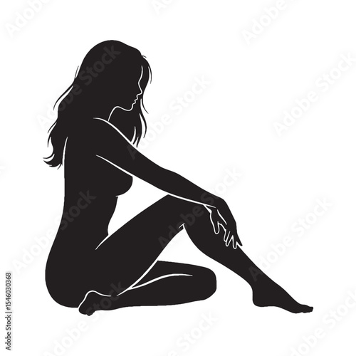Peaceful lady sitting experiencing a quiet and untroubled moment - lady sitting silhouette - lady sitting Vector - Silhouette of lady sitting
