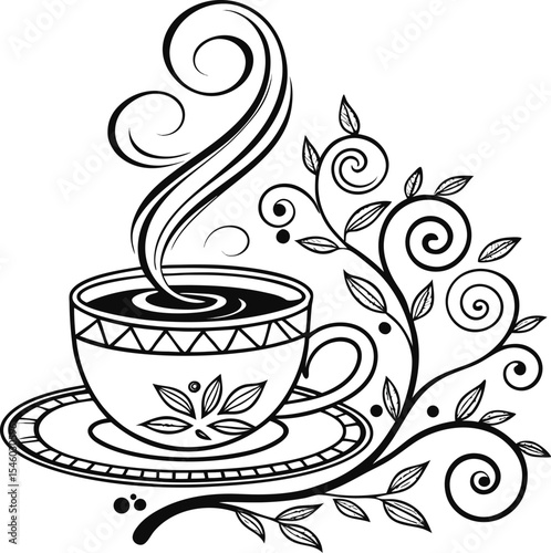 Hot coffee and tea drinks with steam in mugs and cups, perfect for breakfast at a cafe