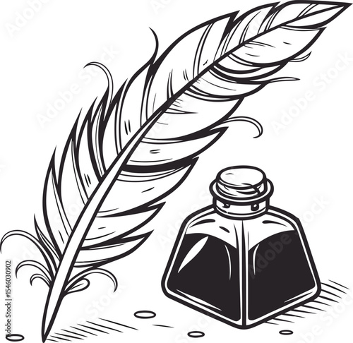 Black vector feather quill pen with ink illustrationBlack vector feather quill pen with ink illustration