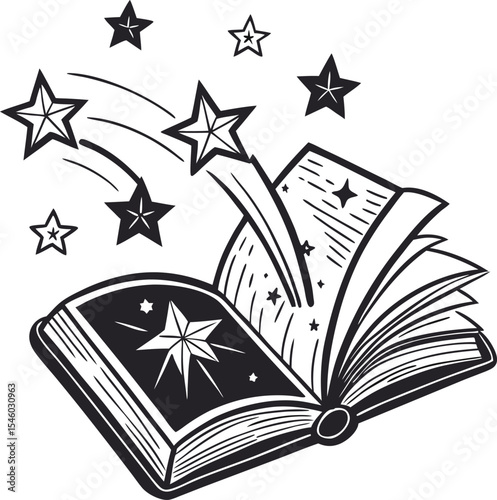 Vector illustration of an open book with a compass, symbolizing knowledge, education, and the magic of learning