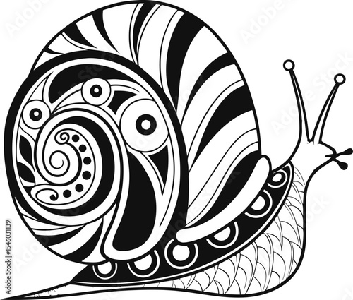 White background vector illustration of a snail with a floral tribal shell design