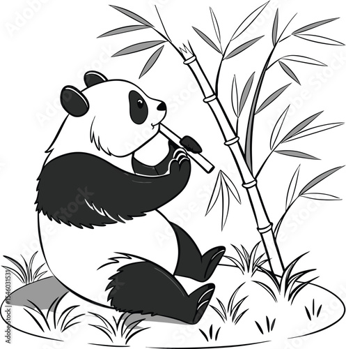 Cute baby panda bear illustration with bamboo in the wild