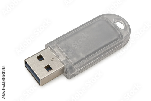 Transparent usb flash drive with clear plastic casing, standing isolated against neutral background, showcasing sleek technological design
