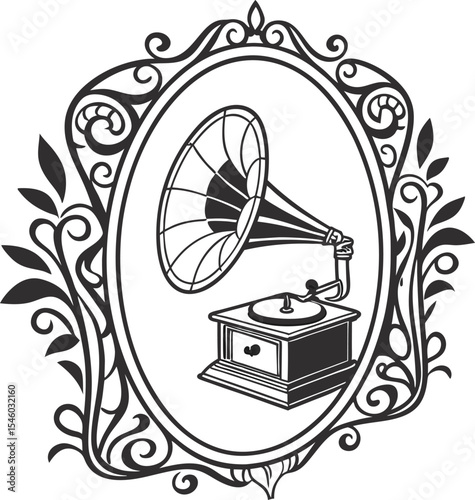 A retro gramophone with a vinyl record creates a vintage music illustration, showcasing antique sound entertainment design