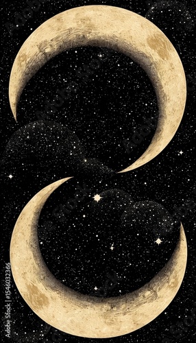 Two crescent moons in a starry night sky. The moons are golden with a textured surface, surrounded by a deep black background filled with small stars.