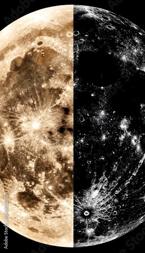 A split image of the moon showing two contrasting sides. One side is bright and detailed, while the other is dark and shadowy. Stars are visible in the background.