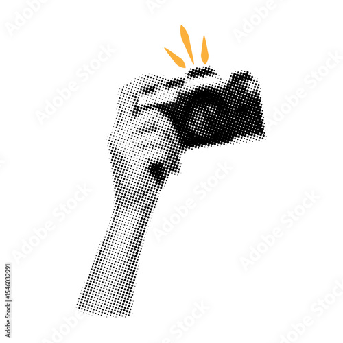 Hand holding camera with dotted halftone texture for collage design