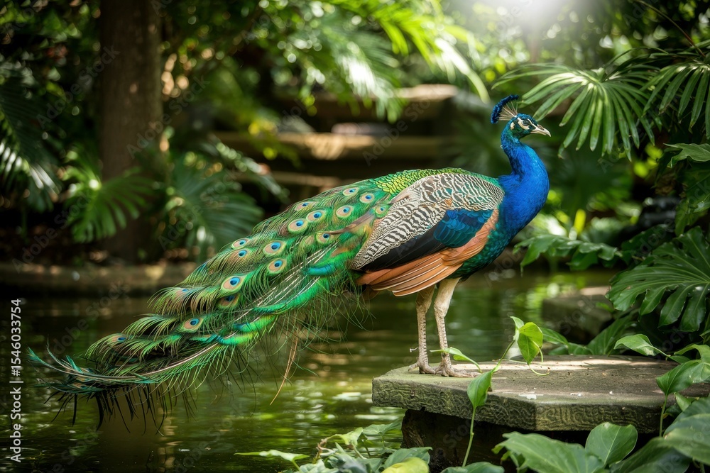 A photograph of a vibrant peacock displaying its magnificent tail feathers in a lush, tropical garden A photograph of a vibrant peacock displaying its magnificent tail feathers in a lush, tropical garden