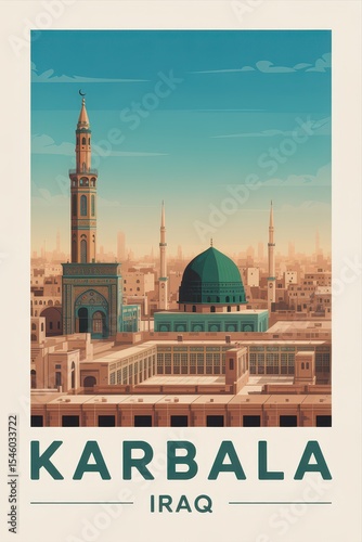 Vintage Travel Poster of the Holy Shrine and Minaret in Karbala, Iraq

