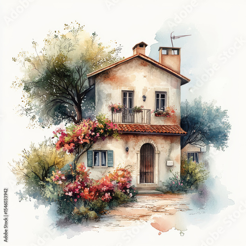 Old House and Autumn Tree, watercolor illustration on a white background, copy space