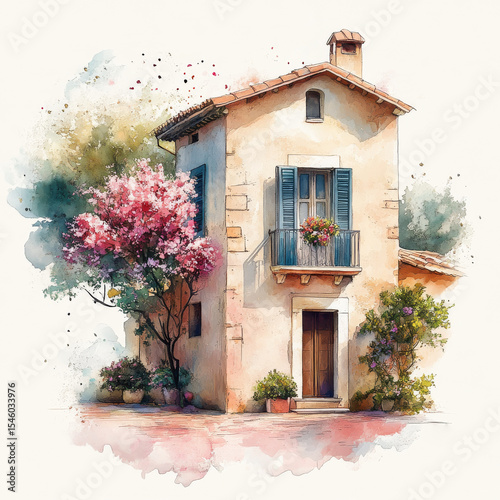 Cute Old House and blooming garden, illustration in watercolor style. Vintage home and blossom tree, Provence, France or Tuscany, Italy. Cute summer house