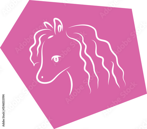 Cute sad pony horse head with wavy mane, side view, hand drawn with brush, white curved lines on polygonal purple background