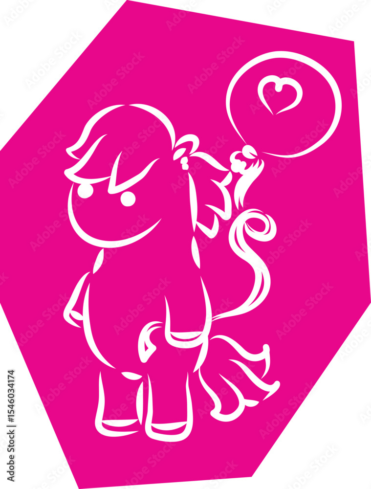 Cute little pony standing and holding flying hot air balloon in hand, hand drawn with brush, white curved lines outlines on polygonal pink background Cute little pony standing and holding flying hot air balloon in hand, hand drawn with brush, white curved lines outlines on polygonal pink background