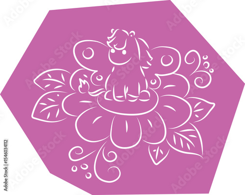 Cute little pony with butterfly wings sitting on a big flower, hand drawn with brush, white curved lines outlines on polygonal purple background