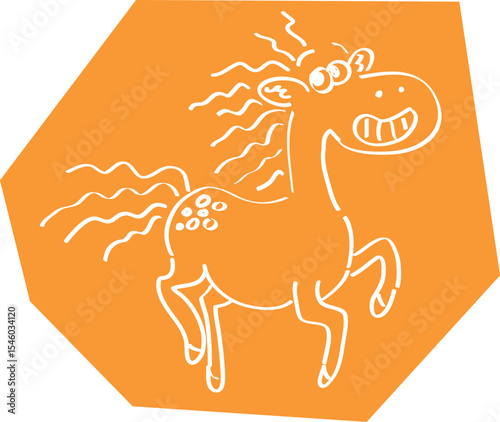 Funny cartoon jumping horse smiling and grinning, hand drawn with brush, white curved lines contours on polygonal orange background