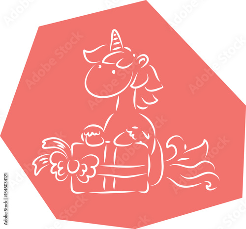 Cute little unicorn sitting and holding gift box with bow, hand drawn with brush, white curve lines outlines on polygonal pink background