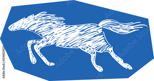 Outline silhouette of a galloping horse with a flowing mane, full-length line drawing, side view, white curved lines contours on a polygonal blue background