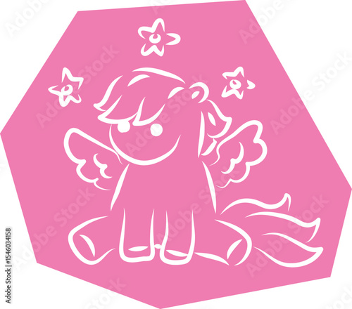 Cute little pegasus pony funny sitting among three stars, hand drawn with brush, white curved lines outlines on polygonal pink background