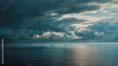 Moody Sky Over Calm Sea with Distant Horizon.