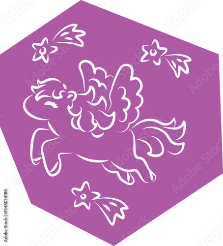 Cute joyful happy little pony pegasus flying among comets, hand drawn with brush, white curved lines outlines on polygonal purple background