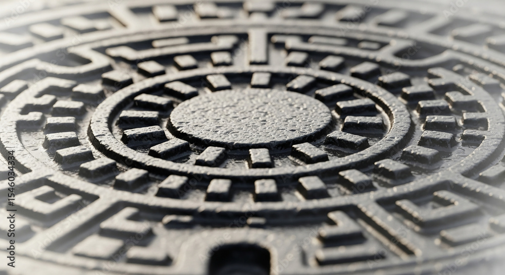 Close-up of manhole cover with intricate geometric design Close-up of manhole cover with intricate geometric design
