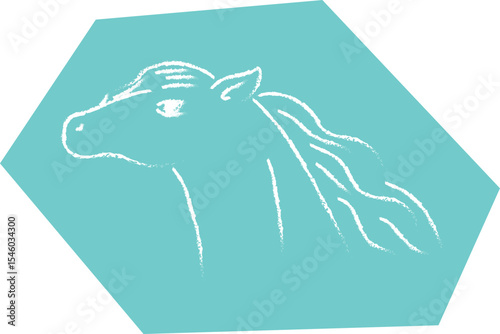 Horse head with wavy mane, side view, white curved lines contours on polygonal blue background