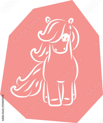 Cute little pony with beautiful mane standing and looking at camera, front view, white curved lines contours on polygonal pink background