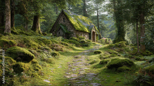 Mossy cottage, forest path, green landscape, fairytale setting, nature.