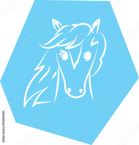 Horse head looking at camera with flowing mane, front view, white curved lines contours on polygonal blue background