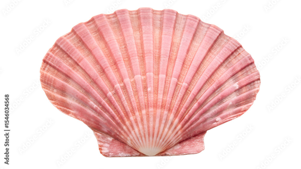 Fototapeta premium A pink scallop shell with distinct ridges and a smooth surface. The shell is displayed against a transparent background, highlighting its natural beauty.
