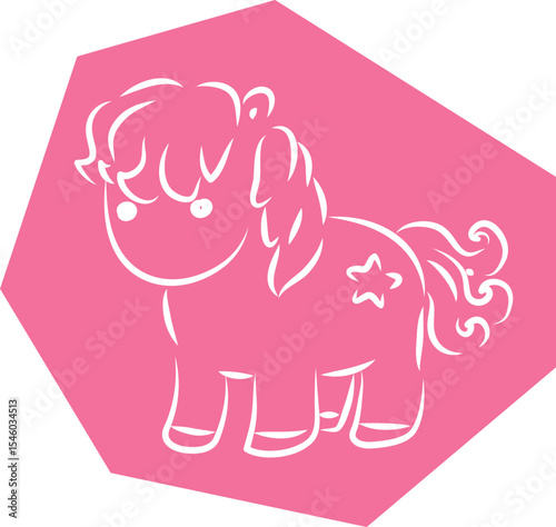 Cute little pony standing, hand drawn brush white curve lines outlines on polygonal pink background