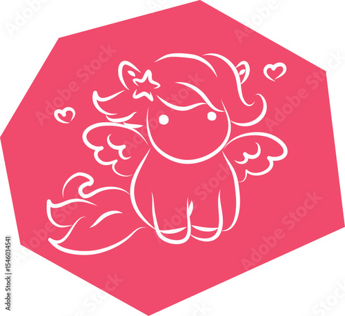 Cute little pegasus pony sitting and looking at camera, hand drawn brush white curved lines outlines on polygonal pink background