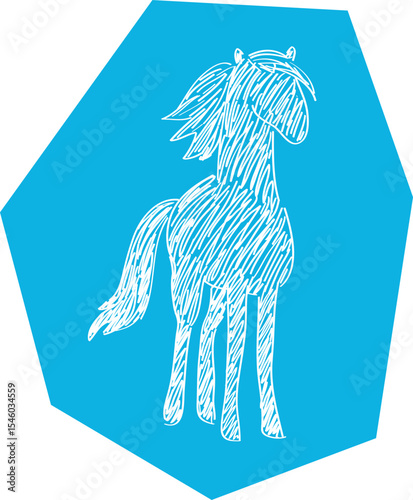 Outline silhouette of a standing horse with head raised, full-length line drawing, front view, white curved lines contours on polygonal blue background