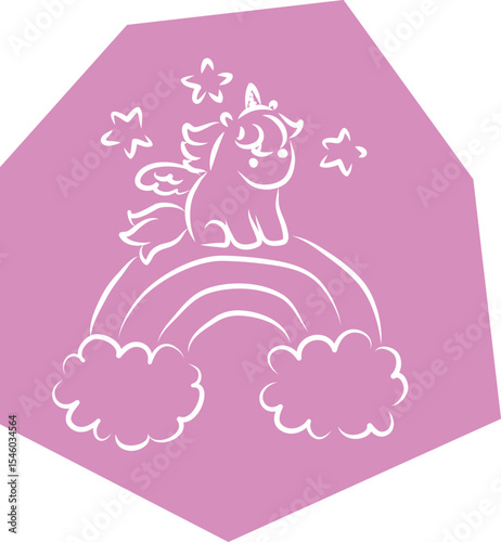 Cute little pony pegasus unicorn sitting on rainbow in clouds among stars, hand drawn brush white curved lines outlines on polygonal purple background