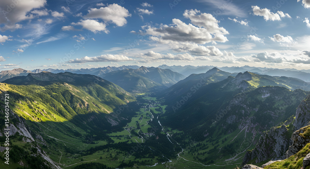 Fototapeta premium Scenic Mountain Valley View with Green Hills and Cloudy Sky