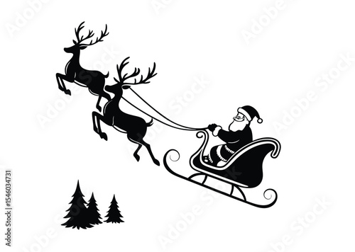 Silhouette Santa Claus and reindeer sleigh for Christmas decoration clip art illustration Art, black icon vector 
