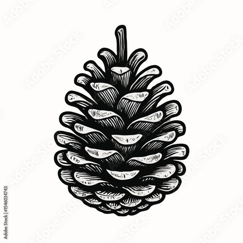 Pine cone illustration in black and white detailed style  