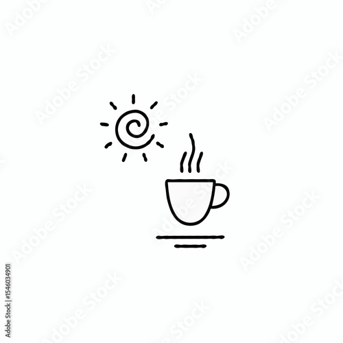 Hot coffee cup with steam and sun icon in minimalist style  