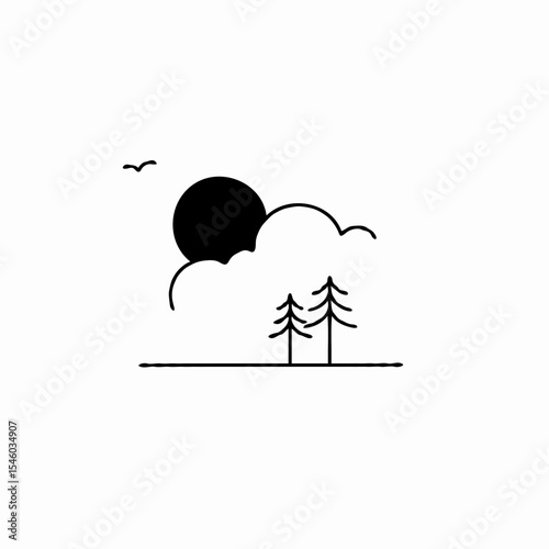 Minimalist landscape illustration with trees and sun in sky  