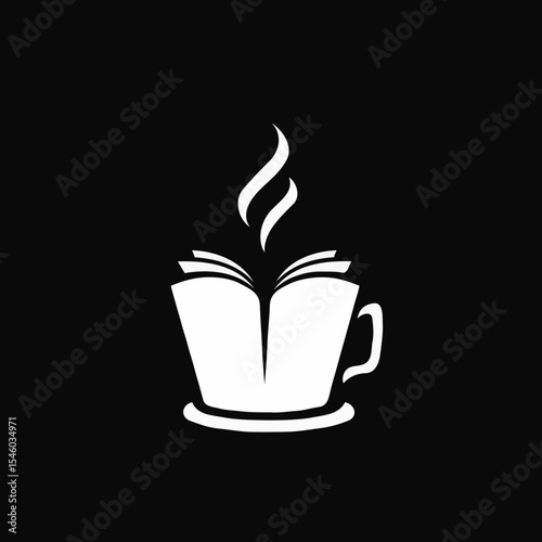 Coffee cup with open book and steam on black background  