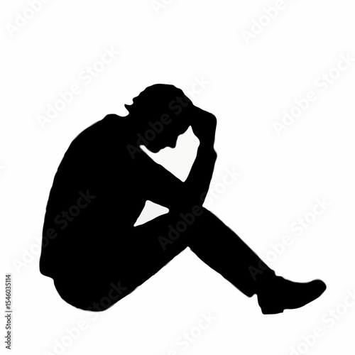 Silhouette of man sitting with head down in a state of distress  