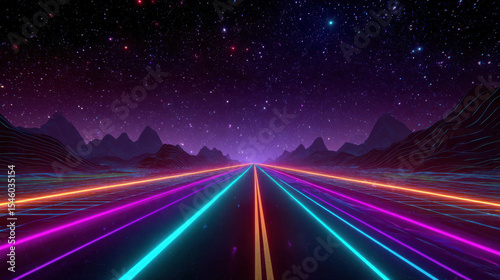 Neon road, futuristic highway, night, speed, cosmos, energy, digital art, abstract background, video game.