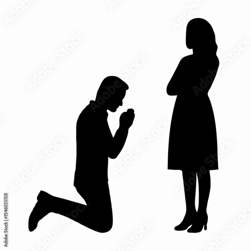 Man kneeling proposing with ring to woman standing with arms crossed  